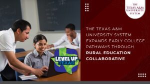 An instructor shows a student something on a laptop with the Level Up Texas visible in the corner of the photo.
